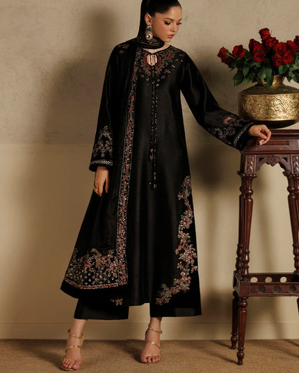 Black Embroidered Tussel Slub Silk 3-Piece Suit | Addi Wears