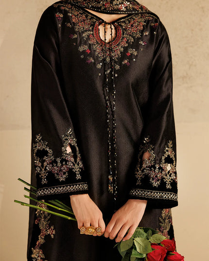 Black Embroidered Tussel Slub Silk 3-Piece Suit | Addi Wears