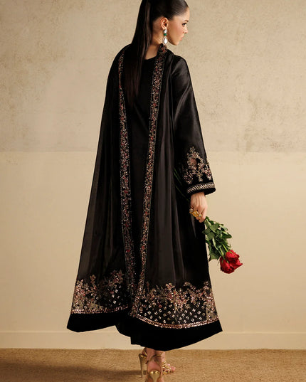 Black Embroidered Tussel Slub Silk 3-Piece Suit | Addi Wears