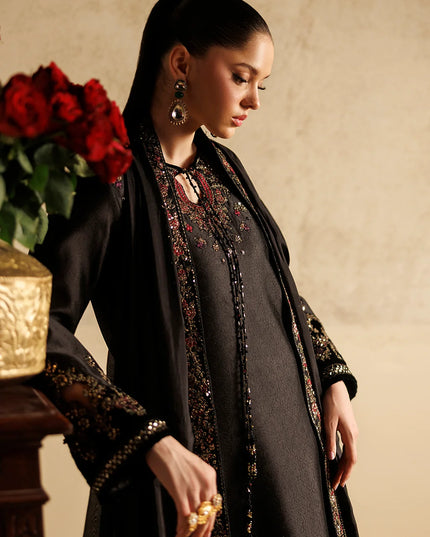 Black Embroidered Tussel Slub Silk 3-Piece Suit | Addi Wears