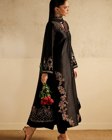 Black Embroidered Tussel Slub Silk 3-Piece Suit | Addi Wears