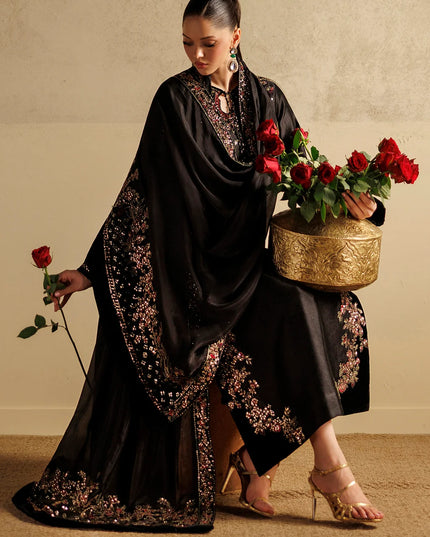 Black Embroidered Tussel Slub Silk 3-Piece Suit | Addi Wears