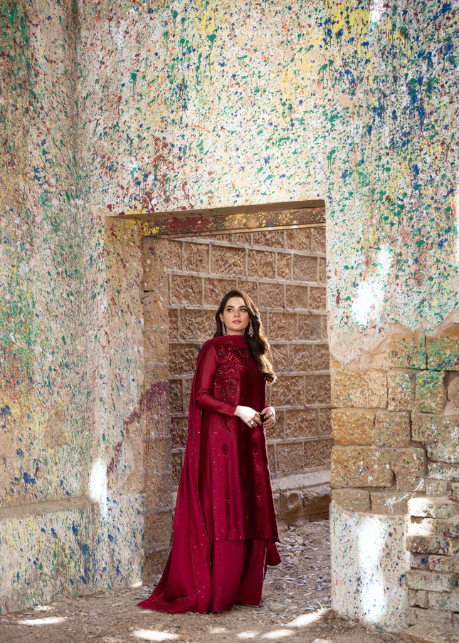 Maroon Tussel Silk Embroidered 3-Piece with Sharara