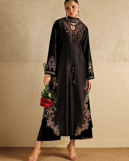 Black Embroidered Tussel Slub Silk 3-Piece Suit | Addi Wears